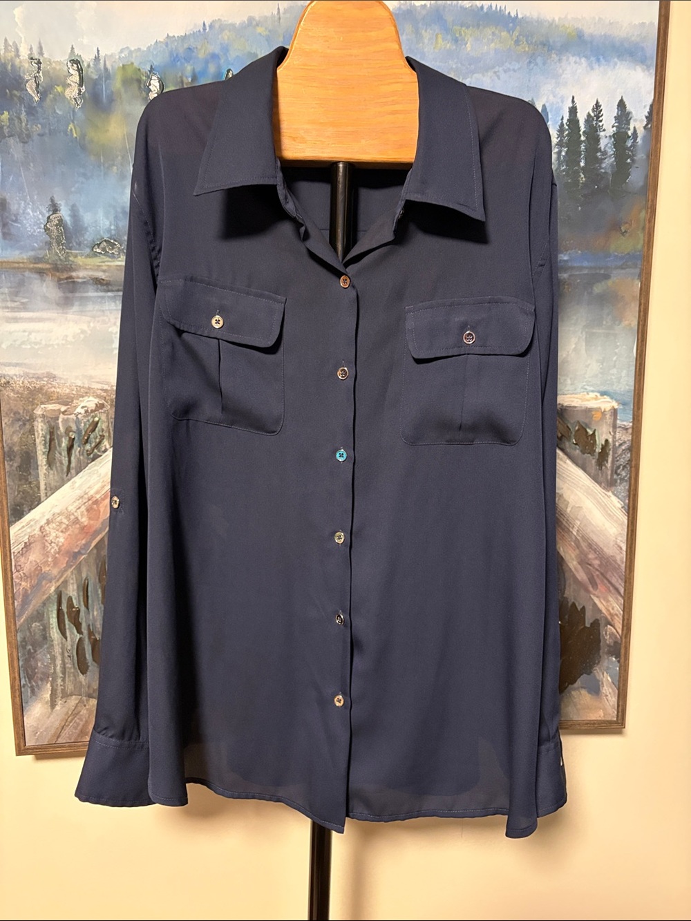 Jones New York Navy Button-Down Blouse